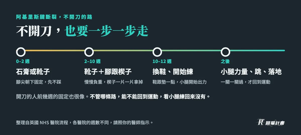 阿基里斯腱斷裂不開刀的路:0–2 週石膏或靴子、2–10 週靴子加腳跟楔子慢慢負重、10–12 週換鞋開始練、之後練小腿力量跳和落地