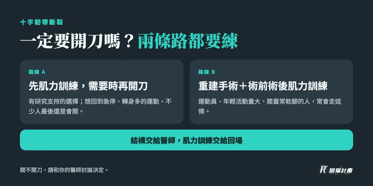 十字韌帶斷裂一定要開刀嗎:路線 A 先肌力訓練、需要時再開刀;路線 B 重建手術加術前術後肌力訓練;結構交給醫師,肌力訓練交給回場