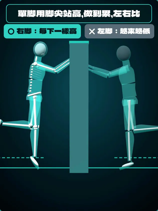 單腳用腳尖站高:右腳每下一樣高,左腳越來越低